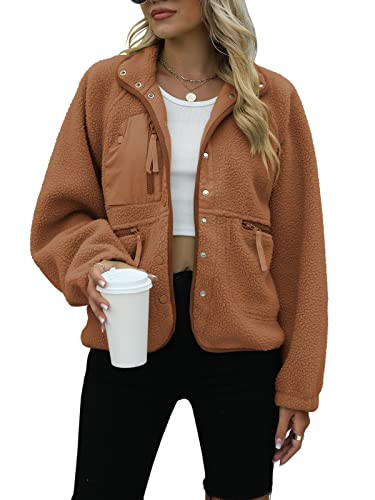 Yanekop Womens Fleece Jacket Fuzzy Long Sleeve Short Coats Button Down Sherpa Outerwear With Pock... | Amazon (US)