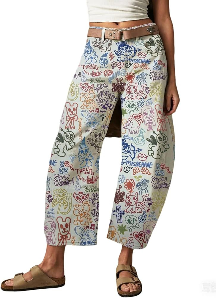CHARTOU Womens Wide Leg Cropped Jeans Pants Baggy High Rise Denim Pants Y2k Graffiti Barrel Jeans | Amazon (US)