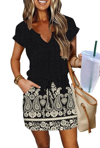 SAUKOLE Women Summer T Shirt Dress Casual Short Sleeve V Neck Dress with Pockets Drawstring Waist... | Amazon (US)