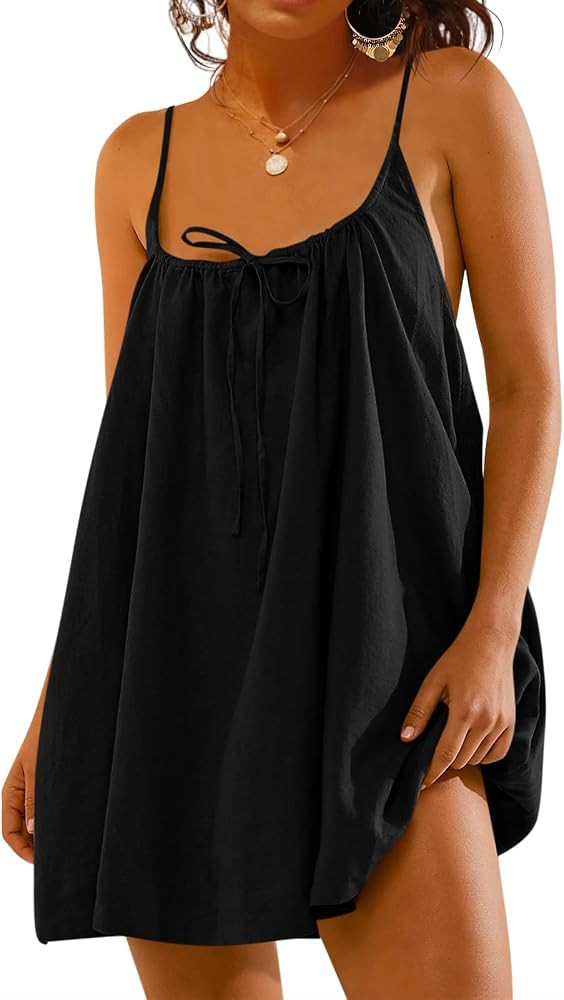 Fisoew Womens Spaghetti Strap Swimsuit Coverup Summer Linen Tie Backless Sleeveless Beach Cami Mi... | Amazon (US)