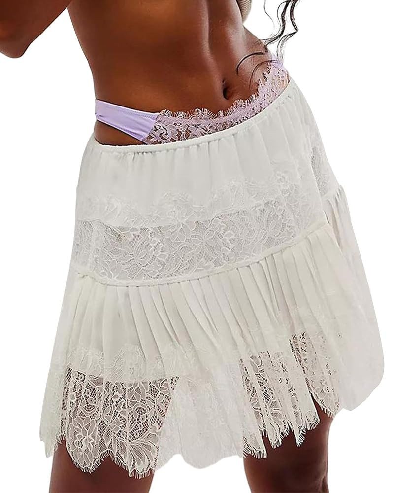Yoisdtxc Women's Fashion Lace Mini Skirts Mid-Rise Pleated Lace Skirts Spring Summer Casual Short... | Amazon (UK)