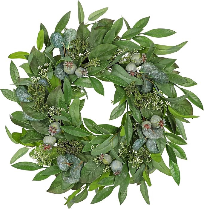 Briful 24" Artificial Greenery Wreath for Front Door, Fake Magnolia Leaf Silk Wreath with Berries... | Amazon (US)