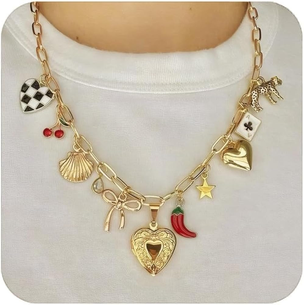 Trendy Stainless Steel Gold Plated Charm Necklace with Heart Pearl Pepper Conch Ceramic Pendant N... | Amazon (US)