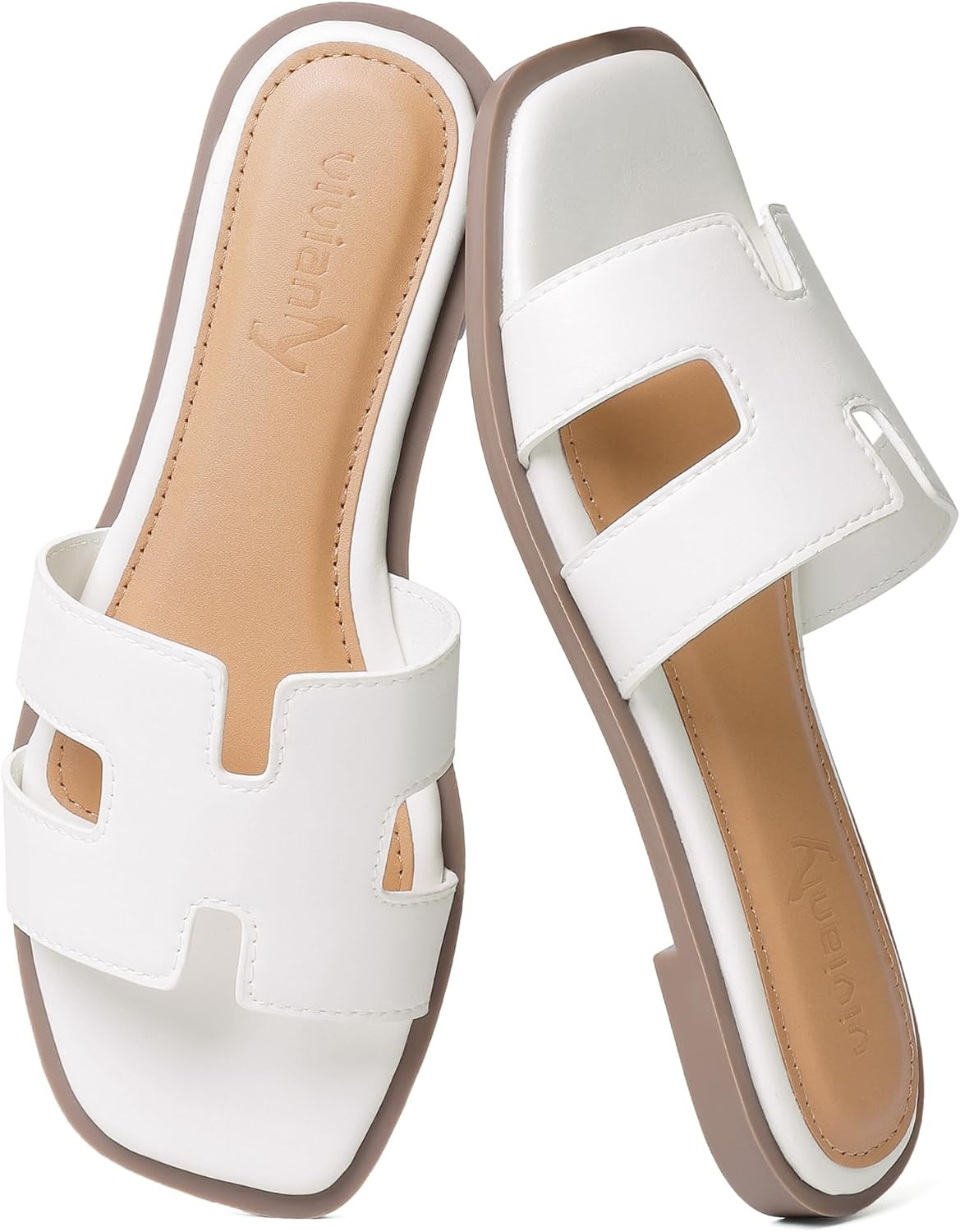 vivianly Women's Square Open Toe Flat Sandals Comfortable Slip On Slides Casual Dressy Summer Shoes | Amazon (US)