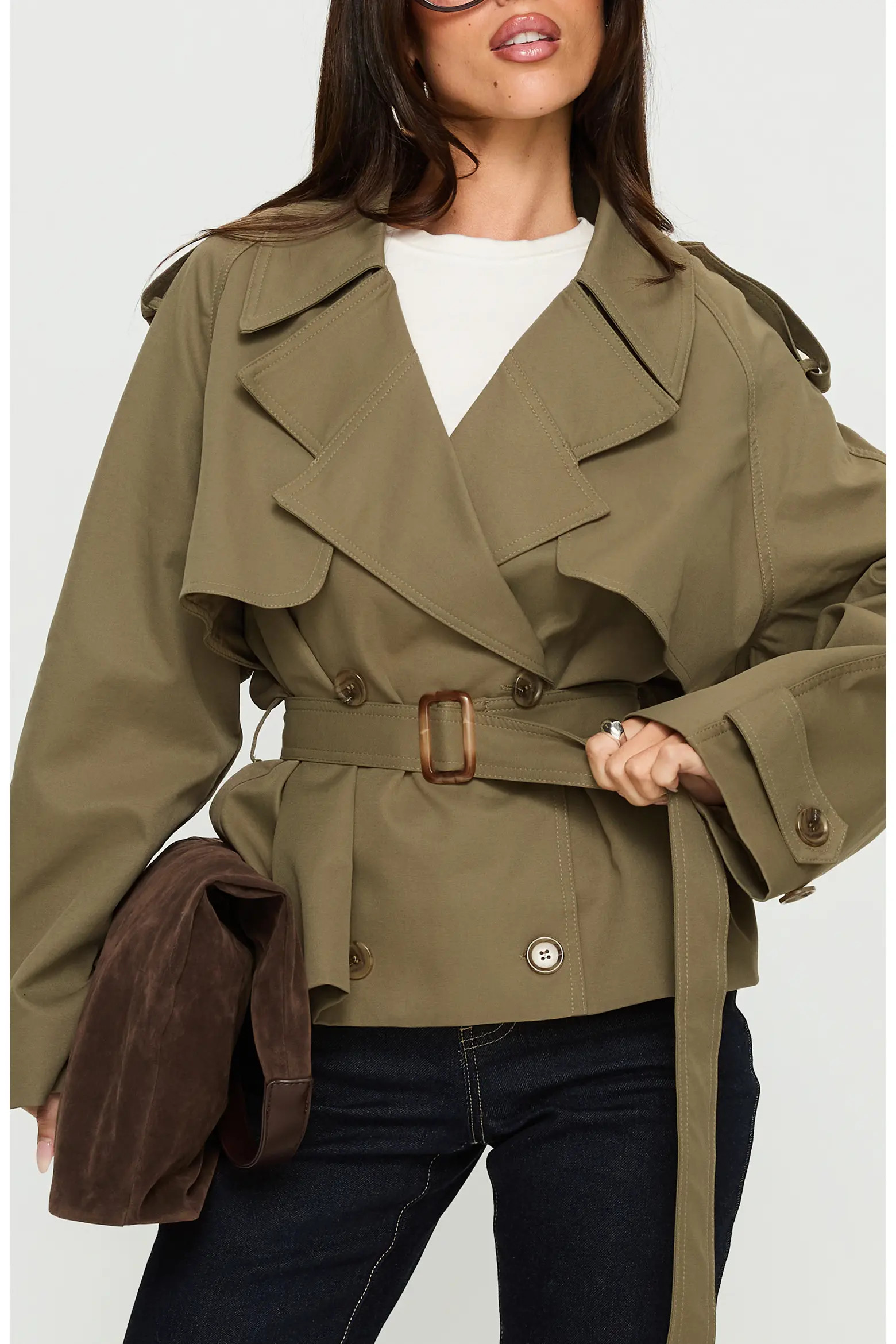 Princess Polly Eldora Double Breasted Belted Crop Trench Coat (Women) | Nordstrom | Nordstrom