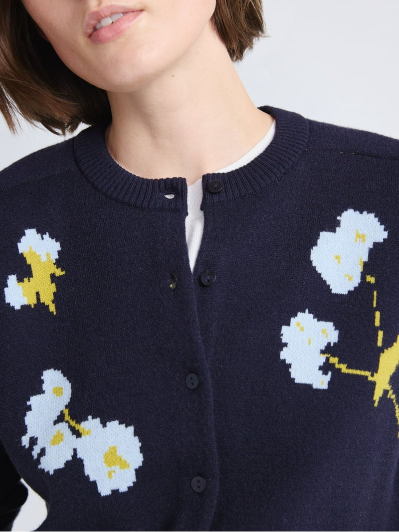 Free Assembly Women's and Women's Plus Floral Jacquard Shrunken Cardigan Sweater, Midweight, Size... | Walmart (US)