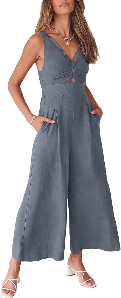 ANRABESS Womens Jumpsuits Summer Linen Wide Leg Sleeveless V Neck Casual Dressy Rompers Pants 202... | Amazon (US)