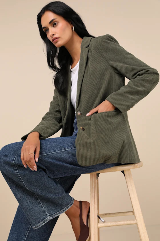 Darling Academic Olive Green Corduroy Oversized Blazer | Lulus