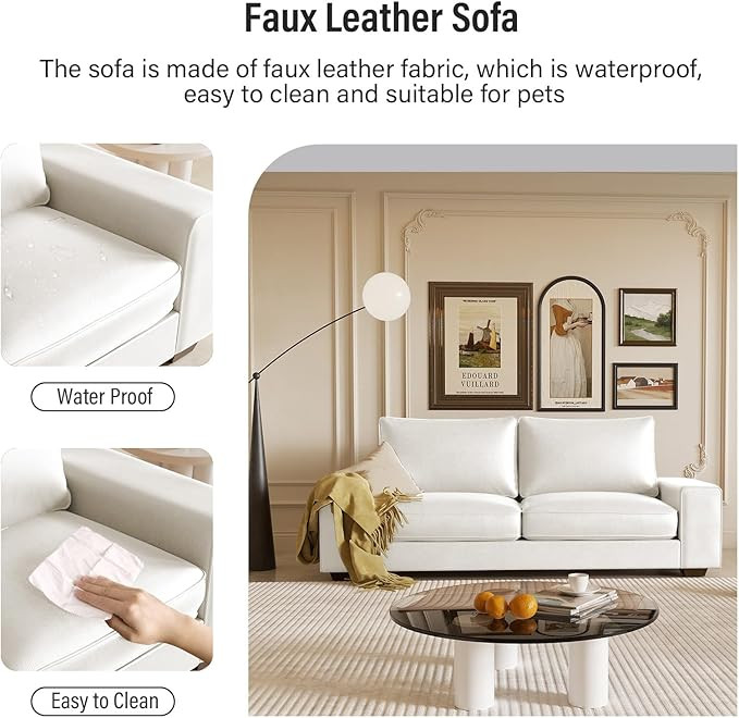 Faux Leather Couch, Mid Century Modern Comfy Loveseat Sofa with Wide Arm, Side Pockets, Solid Woo... | Amazon (US)