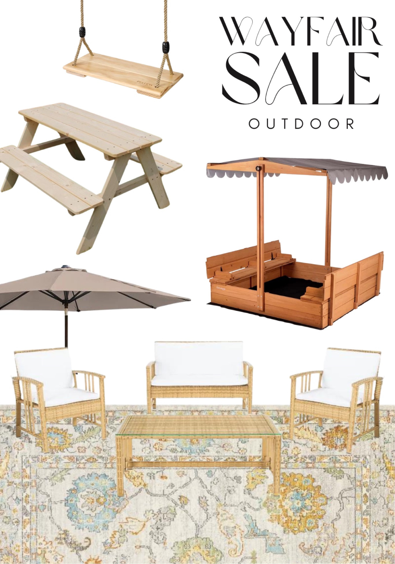 Wayfair sale outdoor furniture kids play sets, rattan outdoor furniture set, oushak inspired outdoor rug, picnic tables, sale swing sets

#LTKFind #LTKhome #LTKsalealert