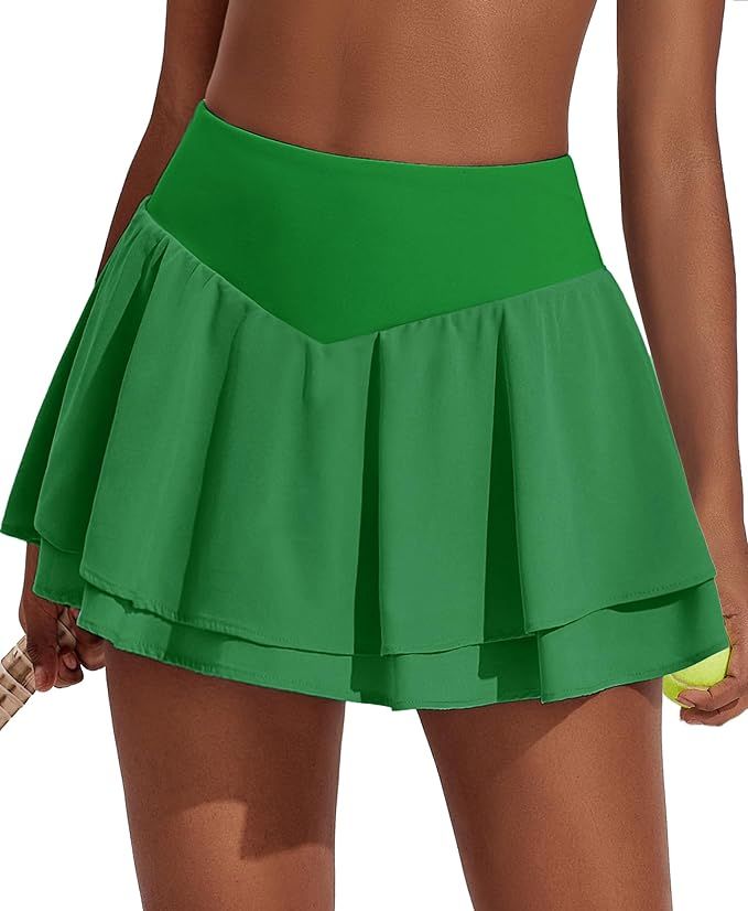 PINSPARK Womens Pleated Tennis Skirt Double Ruffle Golf Skort Tummy Control Athletic Skirts with ... | Amazon (US)