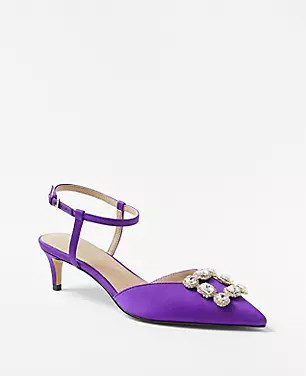 Crystal Buckle Satin Kitten Heel Pumps | Ann Taylor (US)
