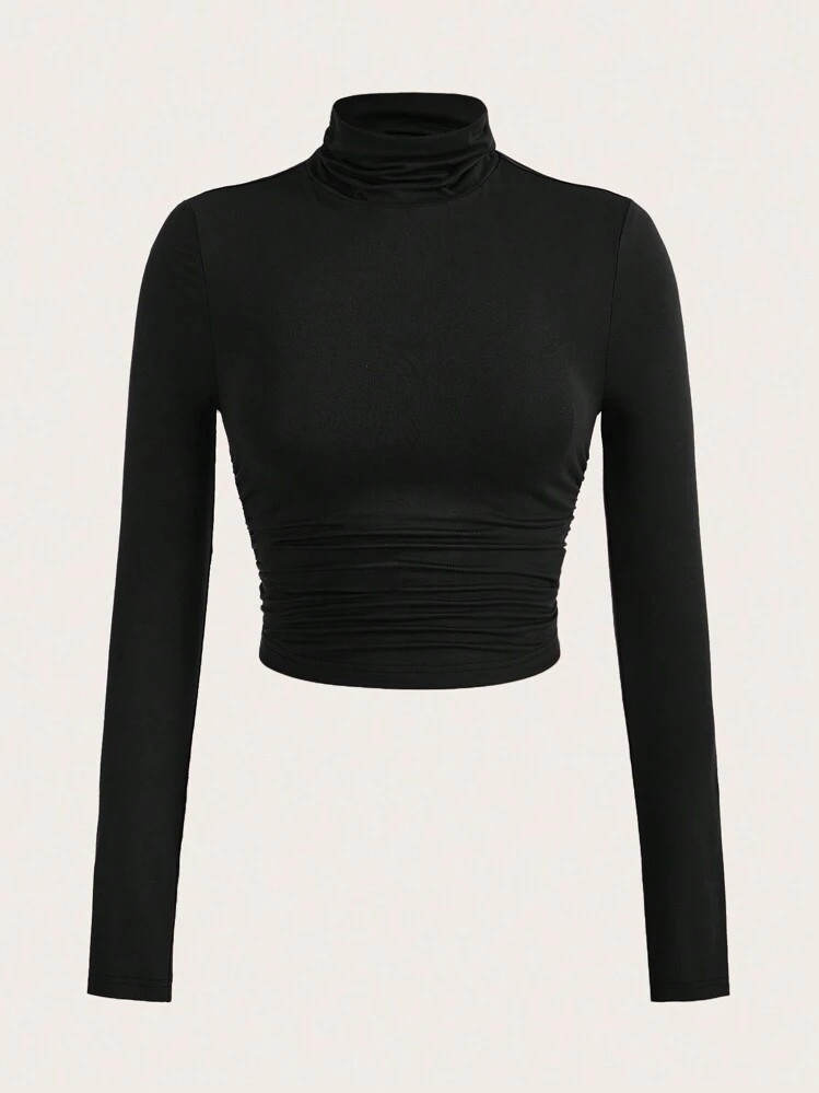 SHEIN EZwear Black Mock Neck Ruched Tee | SHEIN