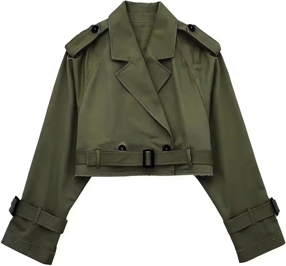 Xiaoxuemeng Womens Cropped Bike Jacket Casual Double Breasted Trench Coat with Belt | Amazon (US)