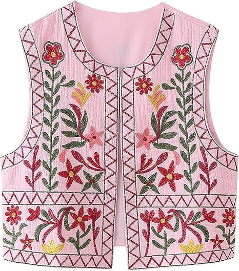 Women's Boho Floral Embroidered Open Front Vest Crochet Flower Y2k Sleeveless Cardigan Tops | Amazon (US)