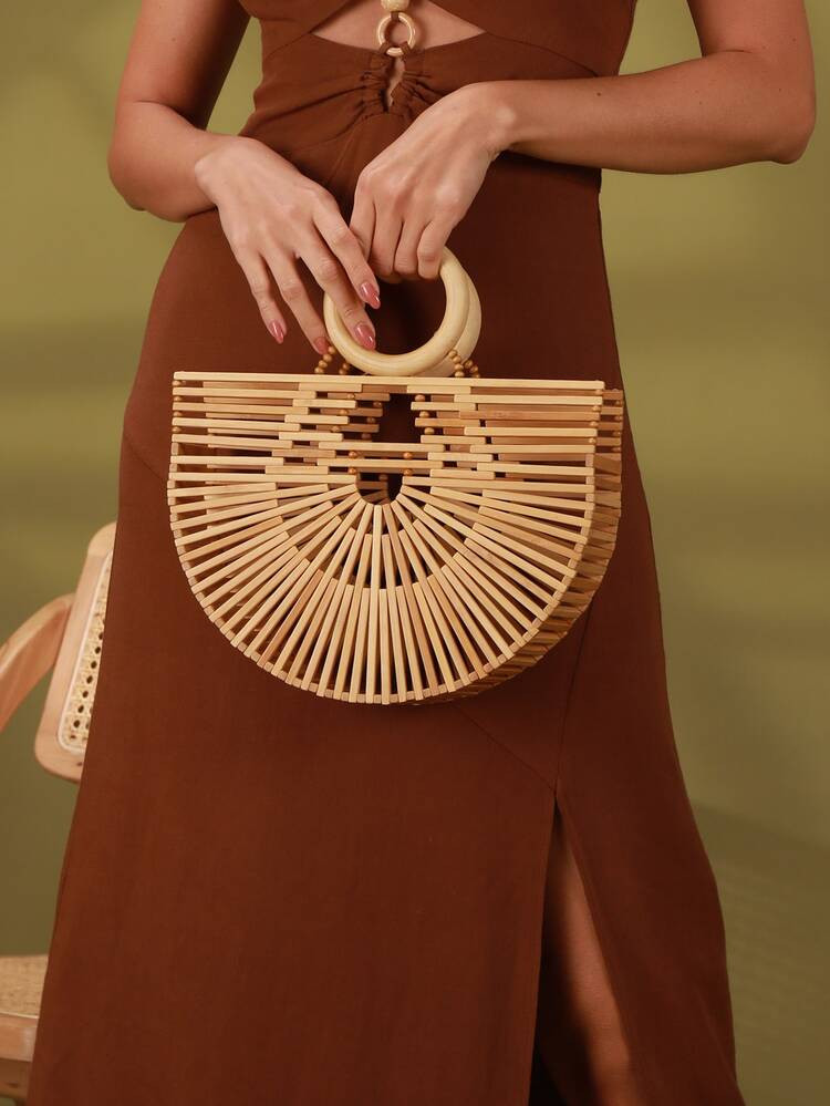 Hollow Out Design Straw Bag Double Ring Handle Medium For Summer Vacation Travel | SHEIN