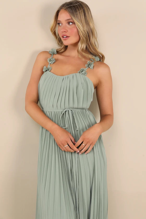 Hera Sage Pleated Floral Applique Maxi Dress | Lulus