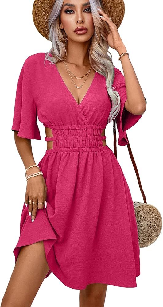 Milumia Women's Cut Out Tie Back Wrap V Neck Butterfly Sleeve A Line Swing Short Dress | Amazon (US)