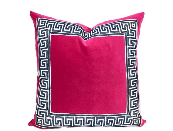 Fuchsia Pink Velvet Pillow Cover with Marine Blue Greek Key | Etsy | Etsy (US)