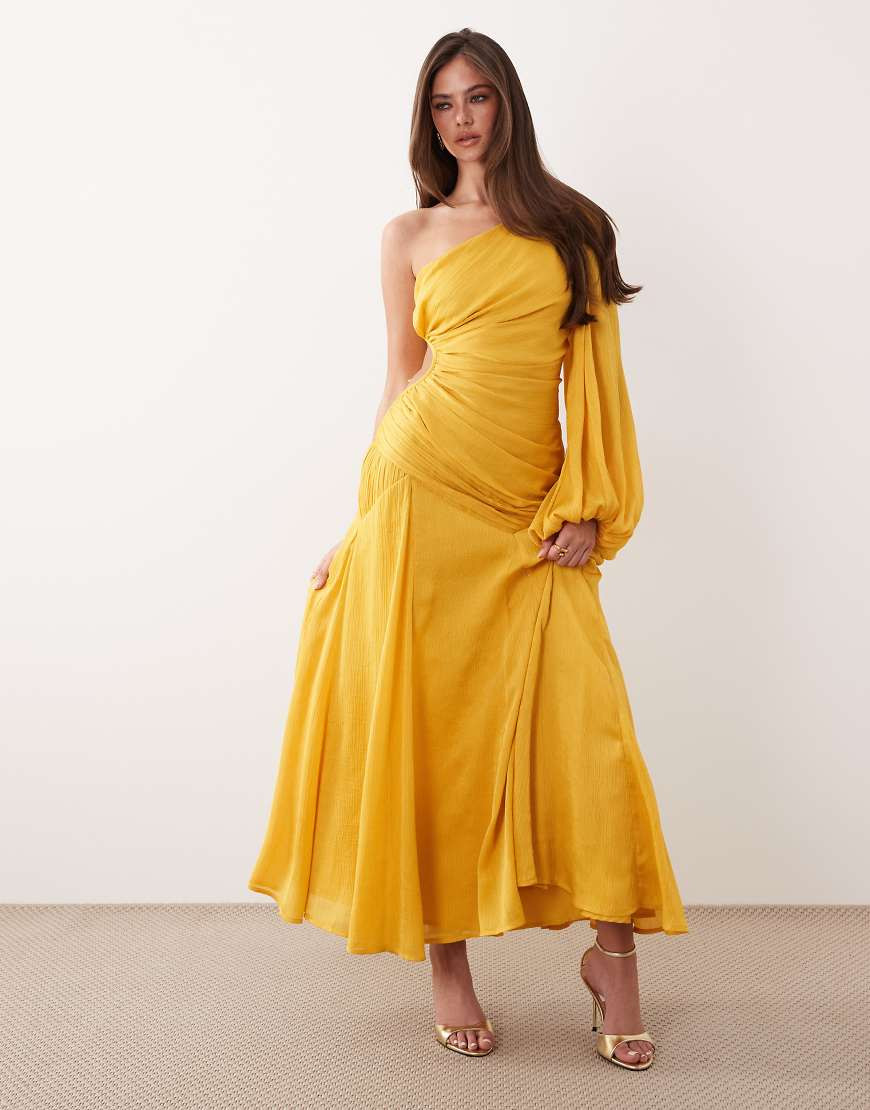 ASOS DESIGN crinkle satin one shoulder drape midaxi dress with blouson sleeve in ochre-Yellow | ASOS (Global)