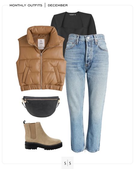 Monthly outfit planner : DECEMBER looks | #puffervest #blackbodysuit #straightjean #lugboot #beltbag #winteroutfit | See entire calendar on thesarahstories.com ✨ 

#LTKstyletip