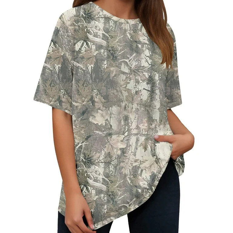 Camo Shirt Women Oversized Maple Leaf Graphic Print Short Sleeve Tee Tops Summer Casual Loose T-S... | Walmart (US)