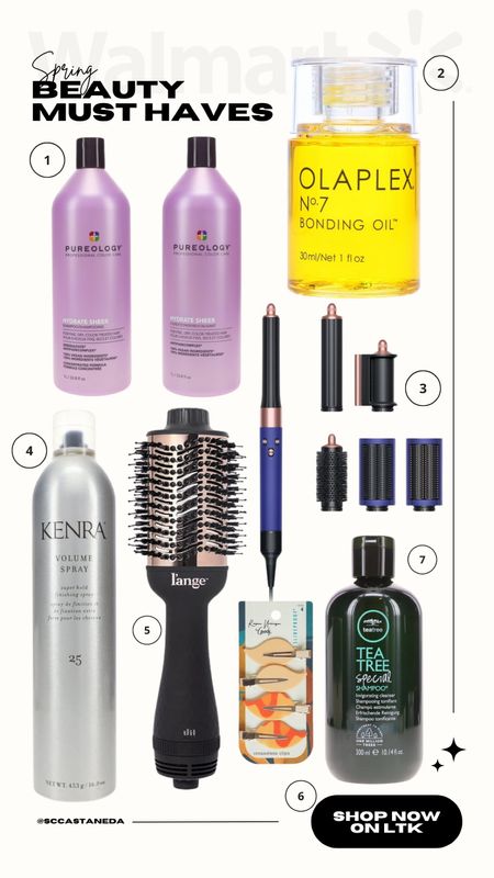 Walmart Spring Beauty Must Haves :
1- Pureology Hydrate Shampoo and Conditioner 
2- Olaplex Bonding Oil
3- Dyson Airwrap
4- Kenra Volume Spray
5- L’ange Dry Brush
6- Goody Slideproof Clips
7- Tea Tree Special Shampoo 

@walmart #walmart #walmartbeauty #haircare #hairproducts

#LTKsalealert #LTKSeasonal #LTKbeauty