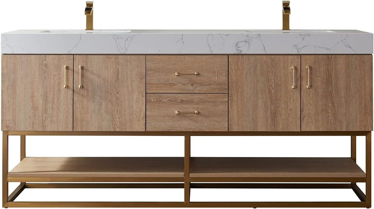 Vinnova Alistair 72" Double Sink Bathroom Vanity in North American Oak, Pre-assembled, with White Grain Stone Countertop Without Mirror | Amazon (US)