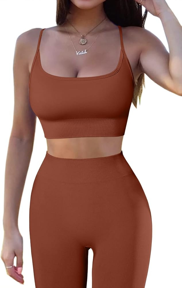 QINSEN Women 2 Piece Workout Outfits Sports Bra Seamless Leggings Yoga Gym Activewear Set | Amazon (US)