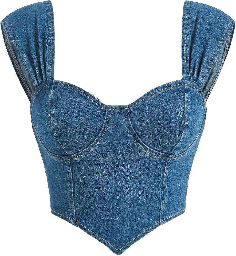 SHENHE Women's Denim Bustier Top Zip Back Sweetheart Neck Asymmetrical Jean Crop Tank | Amazon (US)