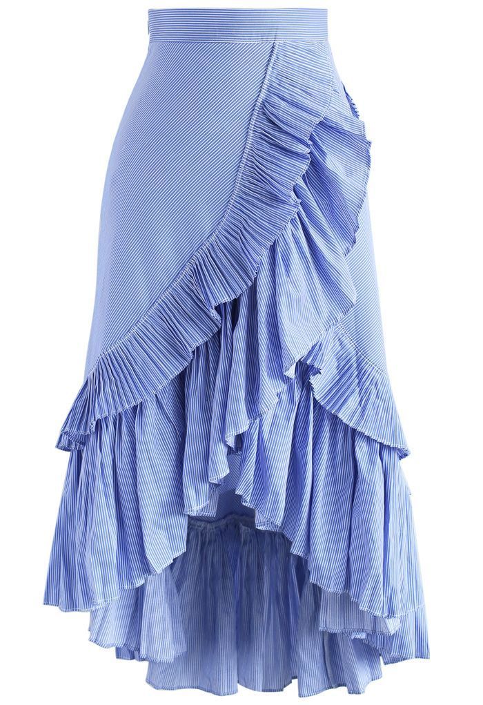 Applause of Ruffle Tiered Frill Hem Skirt in Blue Stripes | Chicwish