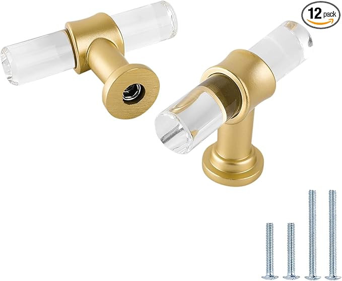 LONTAN 12 Pack Acrylic Kitchen Cabinet Knobs Brushed Brass Drawer Knobs - LS9165GD Modern T Bar C... | Amazon (US)