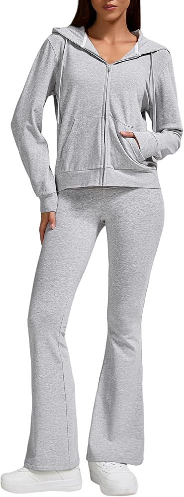 ZFLM Casual Workout Two Piece Outfits for Women Zip Up Hoodies High Waist Foldover Flare Pants Tr... | Amazon (US)