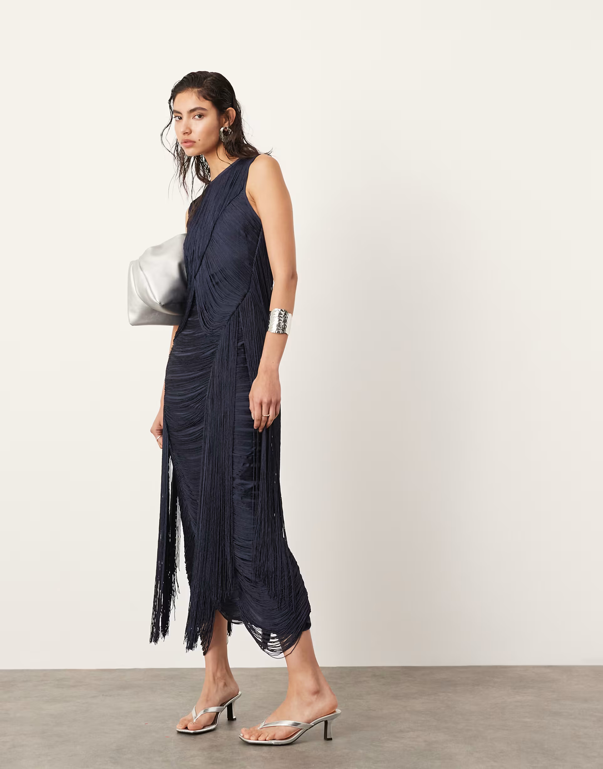 ASOS EDITION fringe chevron detail maxi dress in dark blue | ASOS (Global)