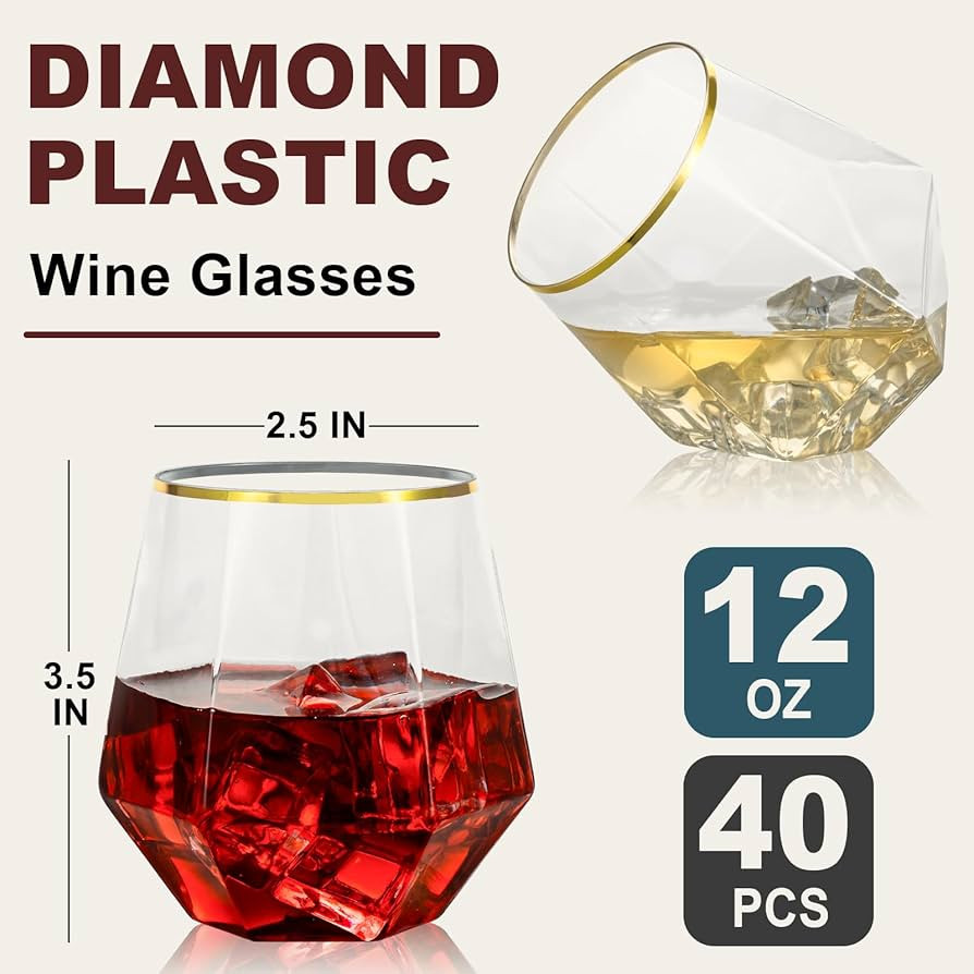 Goodluck 40 PCS Diamond Stemless Plastic Wine Whiskey Glasses, 12 Oz Disposable Cocktail Glasses,... | Amazon (US)