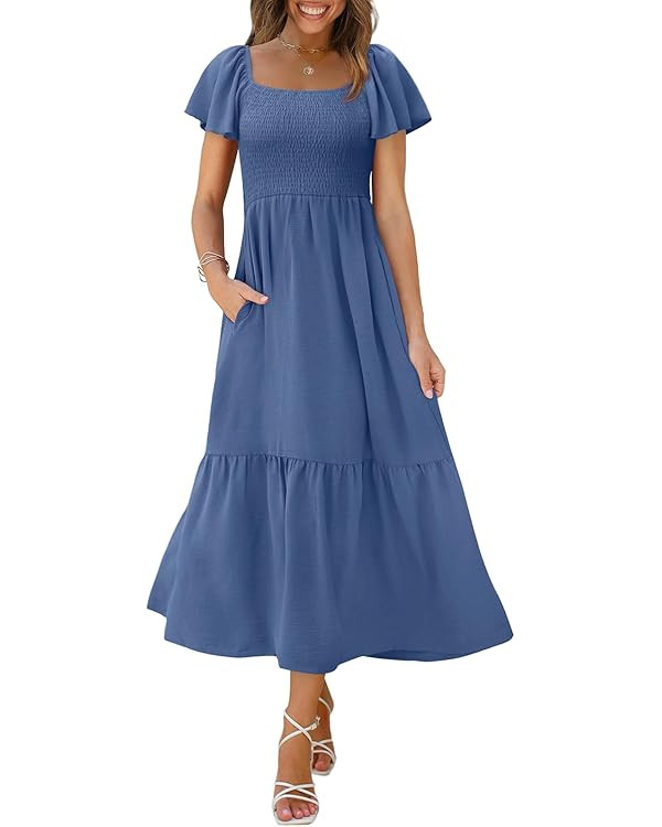 OFEEFAN Maxi Dresses for Women Square Neck Flutter Sleeve Smocked Dress with Pockets | Amazon (US)