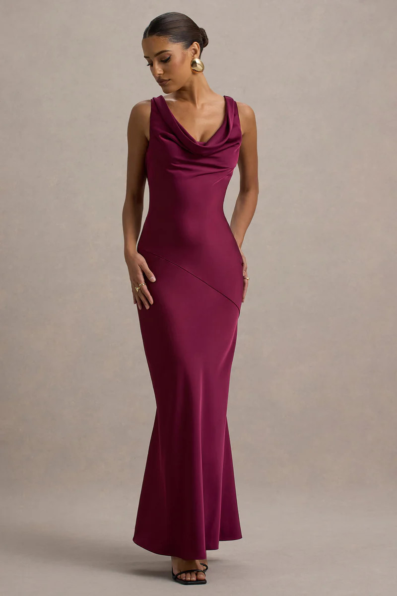Alesso  Burgundy Satin Cowl-Neck Maxi Dress | Club L London