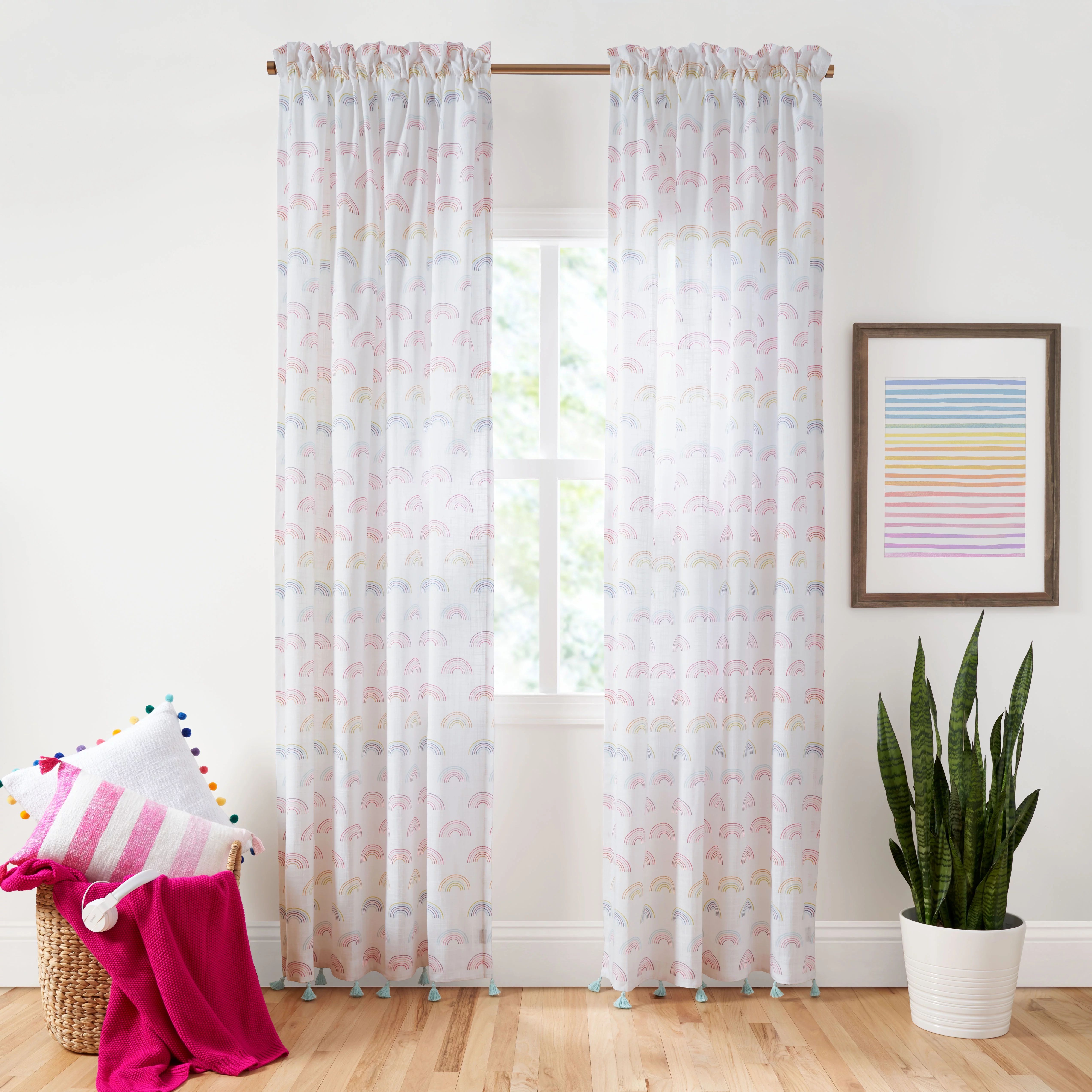 Gap Home Kids Rainbow Toss with Tassels Organic Cotton Semi-Sheer Window Curtain Pair, White, 48x... | Walmart (US)