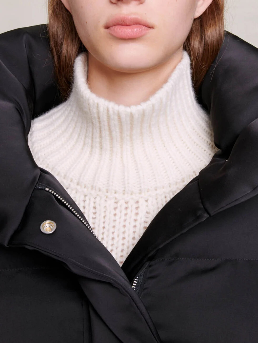 Short satiny quilted puffer jacket Black / Gray for Women | Maje | Maje US