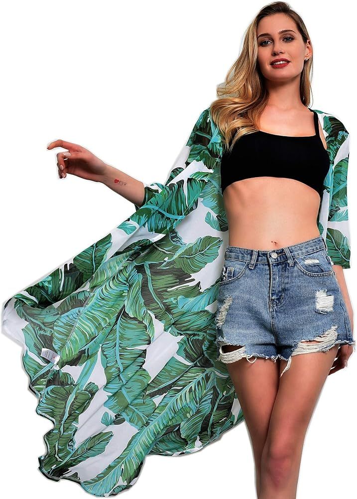 Soul Young Women's Floral Kimono Cardigan Swimsuit Beach Cover up with Open Front Dress Beachwear fo | Amazon (US)