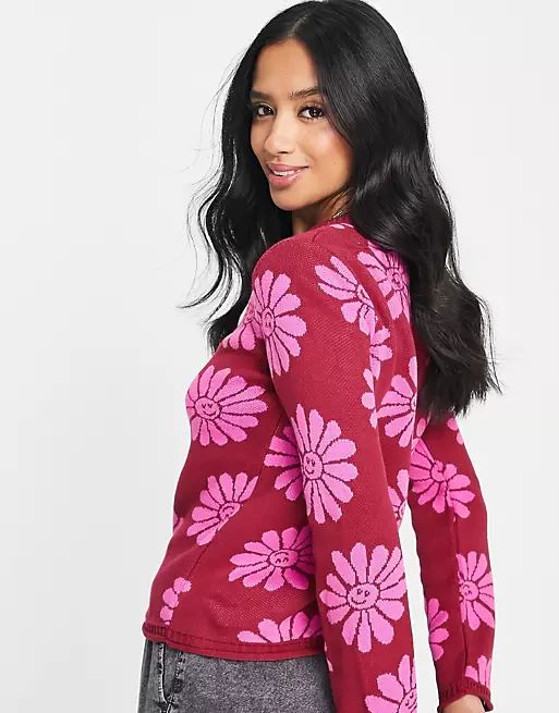 ASOS DESIGN Petite Sweater with flower and smile pattern in pink | ASOS (Global)