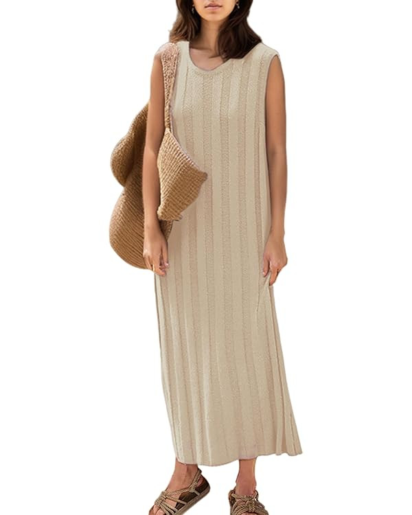 SAFRISIOR Women Sleeveless Sweater Midi Dress Scoop Neck Loose Fit Knitted Dress Solid Casual Tan... | Amazon (US)
