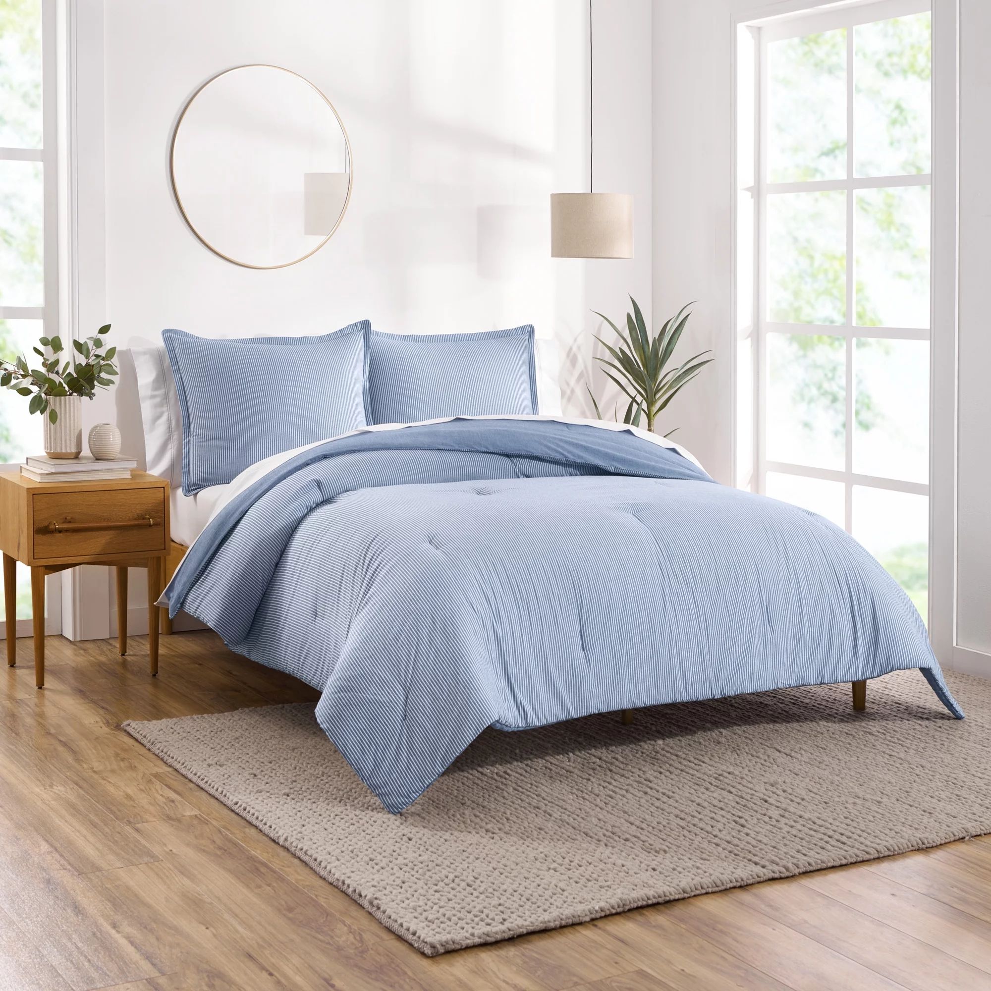 Gap Home Yarn Dyed Washed Chambray Stripe Reversible Organic Cotton Comforter Set, Full/Queen, Bl... | Walmart (US)