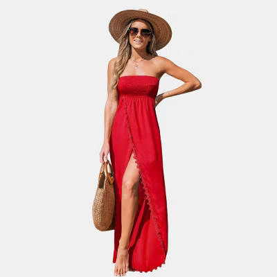 Women's Chic Strapless Maxi Dress with Lace Trim - Cupshe-S-Red | Target