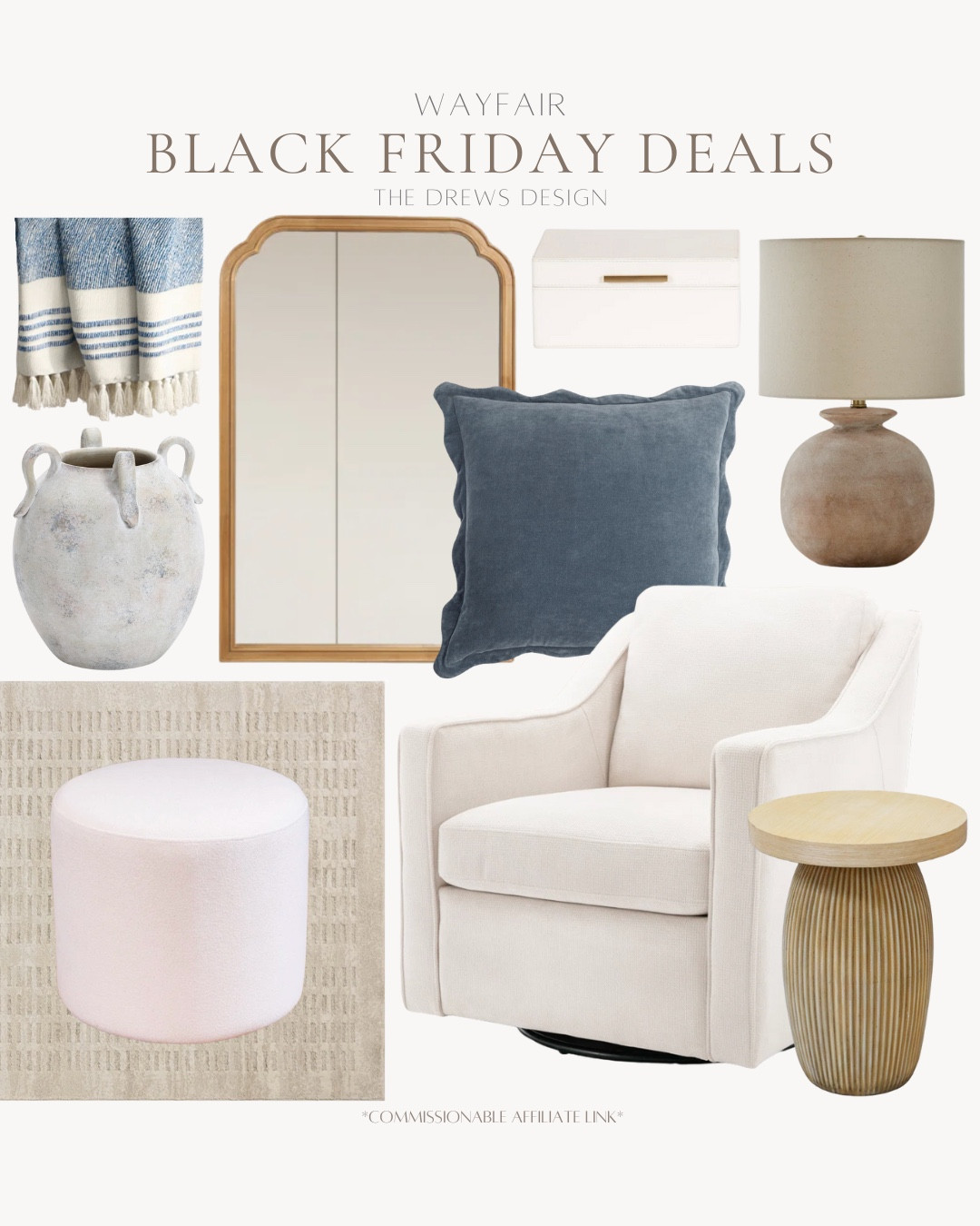 Black Friday finds from Wayfair includes accent chair, side table, area rug, ottoman, throw pillow, mirror, table lamp, decorative box, vase, and throw blanket.

Sale alert, Black Friday sale, home decor sale, cyber week 

#LTKSaleAlert #LTKCyberWeek #LTKHome