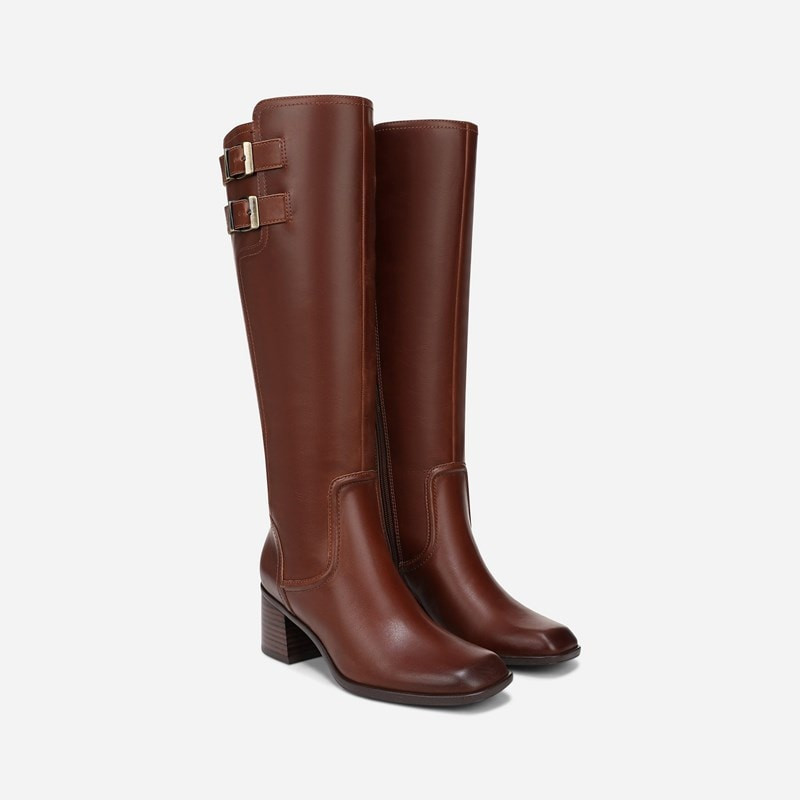 27 EDIT Idris Wide Calf Knee High Boots, Rich Cognac Brown Leather, 8.5W Block Heels, Zip Closure, Rubber Outsole | Naturalizer