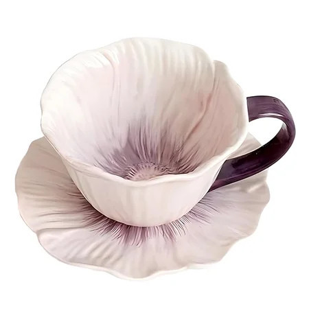 Ceramic Flower-Shaped Cappuccino Cup Set, 11.8 oz / 350 ml Latte Cup and Saucer Set, Elegant Floral Espresso Cup Set, Unique Petal-shaped Mouth & Patterned Saucer, Aesthetic Coffee Set, Purple | Walmart (US)