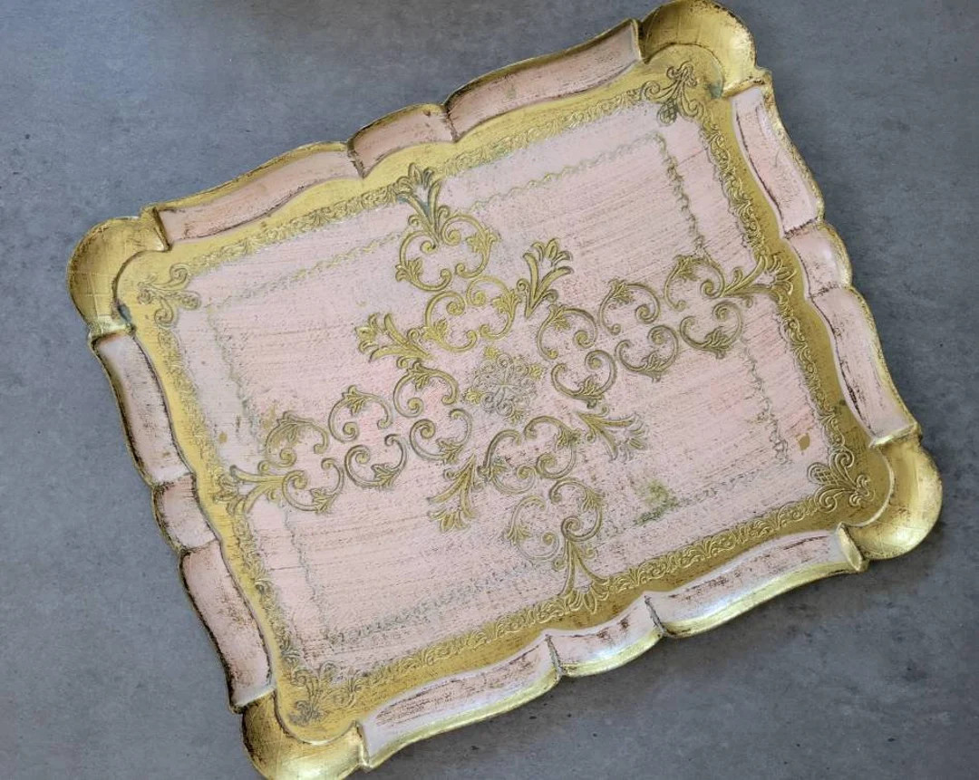 Vintage Florentine Tray Large Gold and Pink Decorative Rectangular Platter, Wedding Photo Prop, W... | Etsy (US)