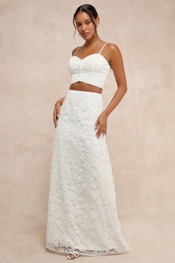 Wonderfully Yours White Tulle Embroidered Two-Piece Maxi Dress | Lulus