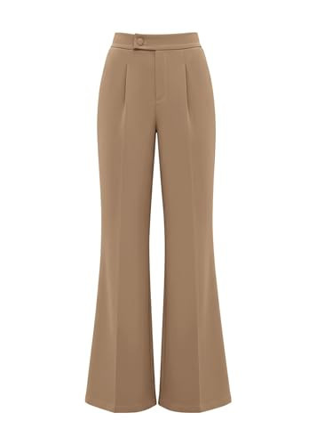 KIRUNDO Womens Dress Pants High Waisted Wide Leg Pleated Trousers Flare Palazzo Slacks Pockets Business Casual Outfits(Khaki, Medium) | Amazon (US)